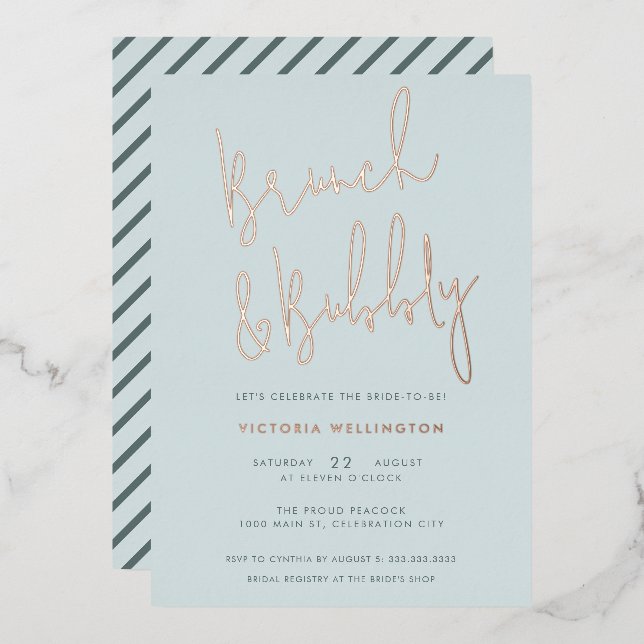 Brunch und Bubbly Light Blue Brautparty Gold Folieneinladung (Vorderseite/Rückseite)
