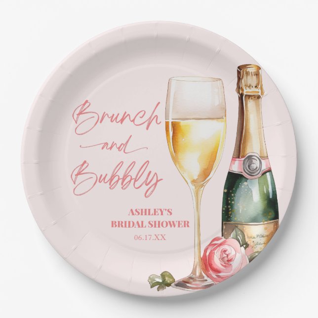 Brunch und Bubbly Mimosa Champagne Brautparty Pappteller (Vorderseite)