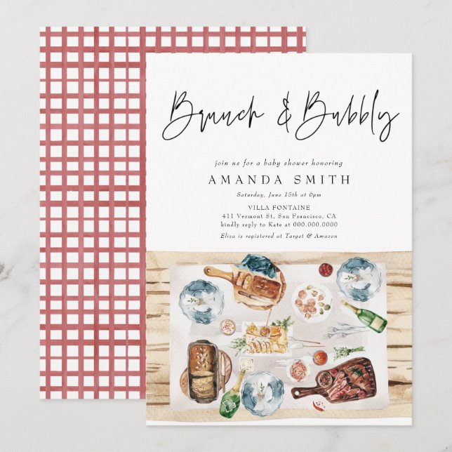 Brunch und Bubbly Picnic GRILLEN Red Kariert Baby  Einladung (Vorne/Hinten)