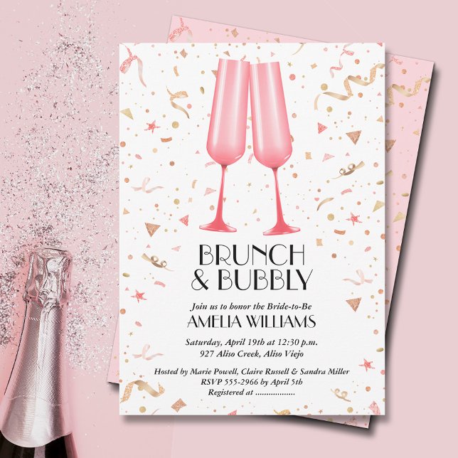 Brunch und Bubbly Pink Brautparty Einladung (Brunch and Bubbly pink champagne bridal shower invitations)