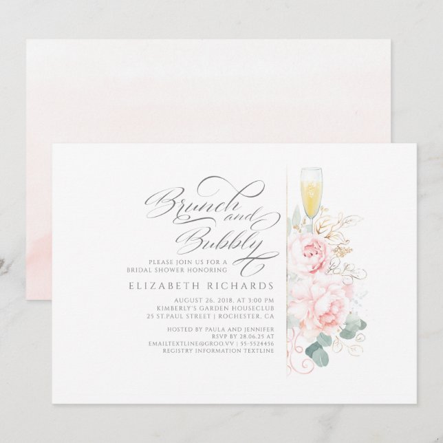 Brunch und Bubbly Pink Brautparty Einladung (Vorne/Hinten)