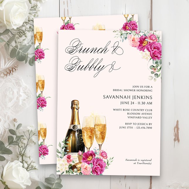 Brunch und Bubbly Pink Champagner Brautparty Einladung (Brunch & Bubbly Champagne Bridal Shower Invitation on blush pink)