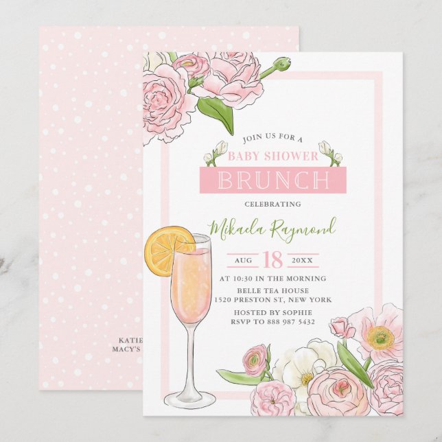 Brunch und Bubbly | Pink Floral Baby Duschbrunch Einladung (Vorne/Hinten)