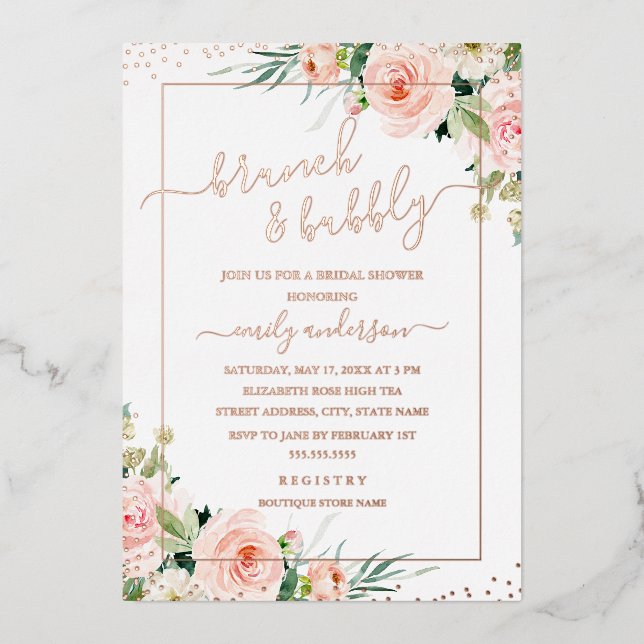 Brunch und Bubbly REAL ROSE GOLD Brautparty Folieneinladung (Vorderseite)