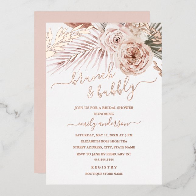 Brunch und Bubbly ROSE GOLD FOIL Brautparty Folieneinladung (Vorderseite/Rückseite)
