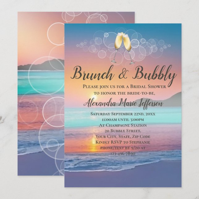 Brunch und Bubbly Sand Hearts Beach Brautparty Einladung (Vorne/Hinten)