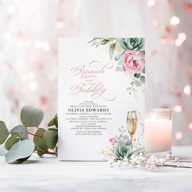Brunch und Bubbly Succules Pink Brautparty Einladung (Brunch and Bubbly Succulents and Pink Flowers Bridal Shower Invitations)