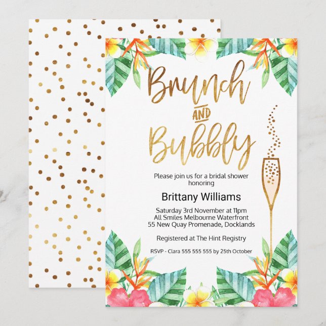 Brunch und Bubbly Tropica Bridal Dusche Einladung (Vorne/Hinten)