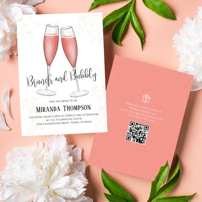 Brunch und Bubbly Watercolor Pink Brautparty Einladung (Brunch and bubbly bridal shower invitation with pink champagne. With QR Code.)