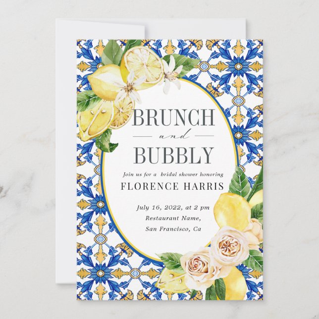 Brunch und Bubbly Yellow Lemon Brautparty Einladung (Vorderseite)