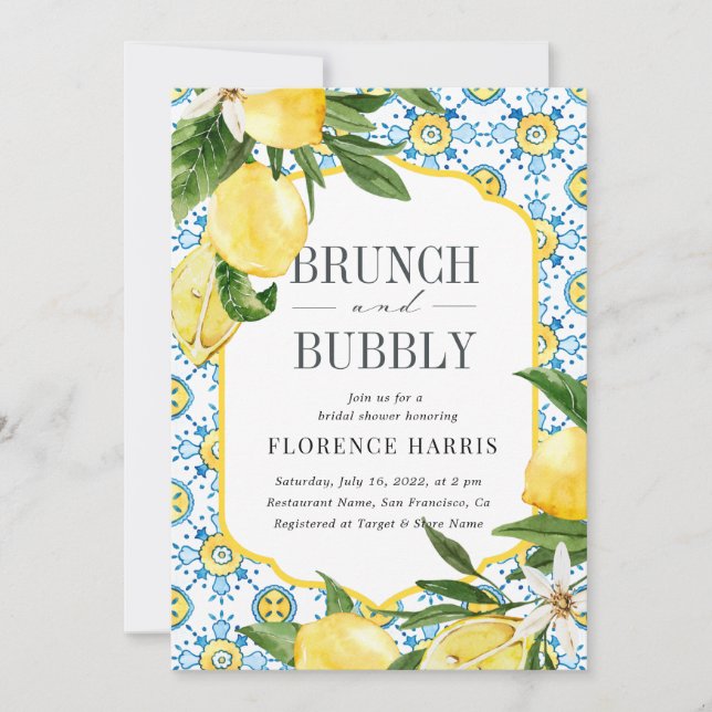 Brunch und Bubbly Yellow Lemon Brautparty Einladung (Vorderseite)