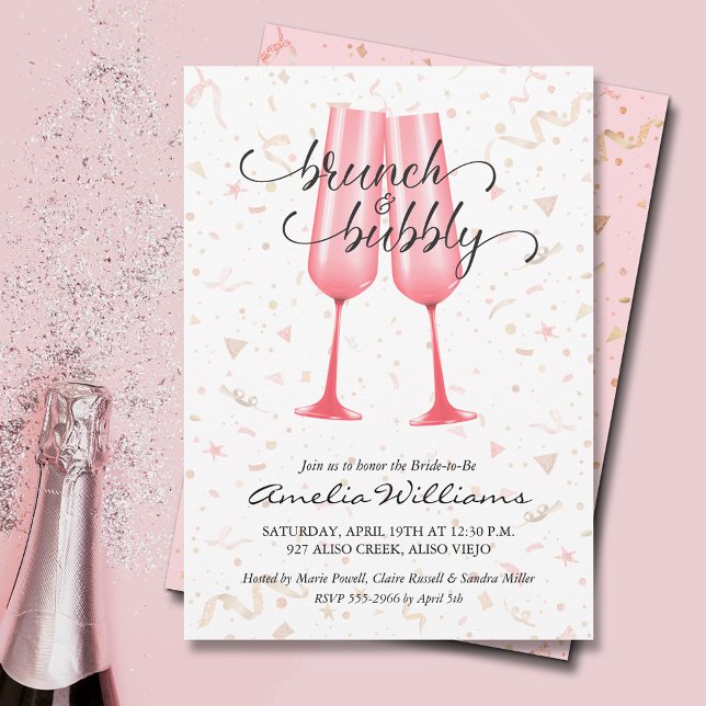 Brunch und Bubby Brautparty Einladung (Brunch and bubbly pink champagne glasses and streamers bridal shower invitations)