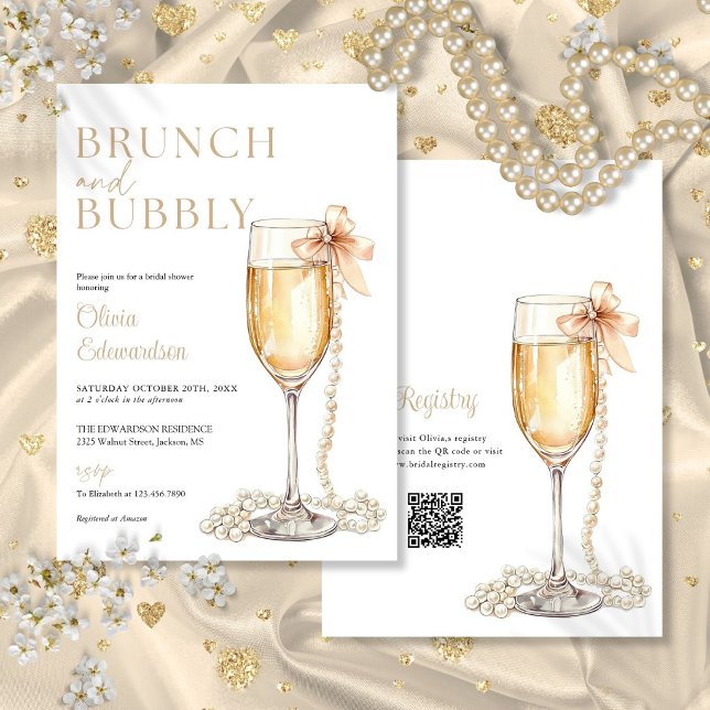 Brunch und prickelnder Champagner QR Code Brautpar Einladung (Brunch And Bubbly Champagne QR Code Bridal Shower Invitation)