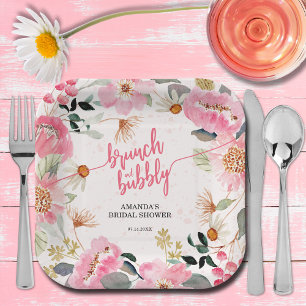 Brunch und Sprudel Rosa Florale Hochzeitsfeier Pappteller