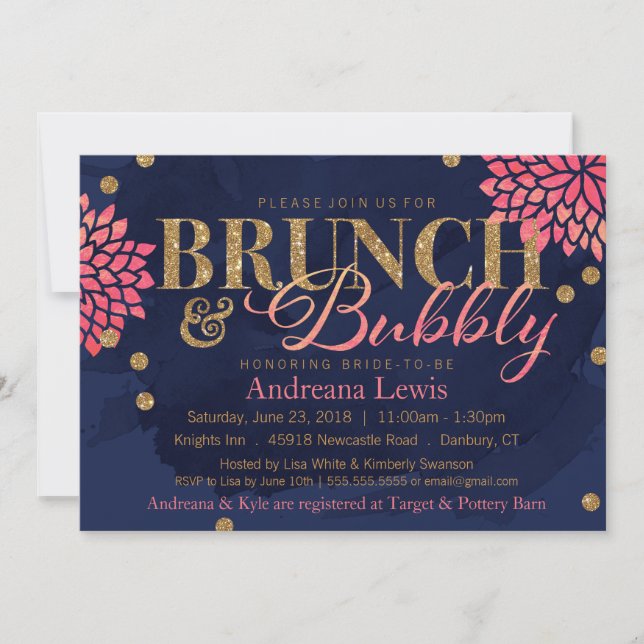 Brunch und sprudelnde Glitzerwatercolor-Dusche Einladung (Vorderseite)