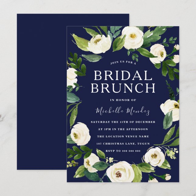 Brunch von Navy & White Floral Wreath Brautparty Einladung (Vorne/Hinten)