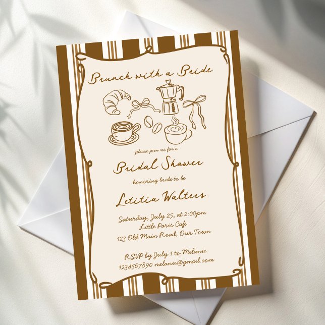 Brunch with bride retro coffee bridal shower einladung (Brunch with a bride retro brown stripes coffee bridal shower invitation cards template )