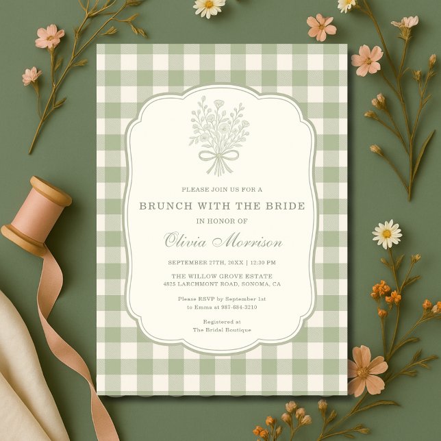 Brunch with the Bride Sage Green Gingham Shower  Einladung (Von Creator hochgeladen)