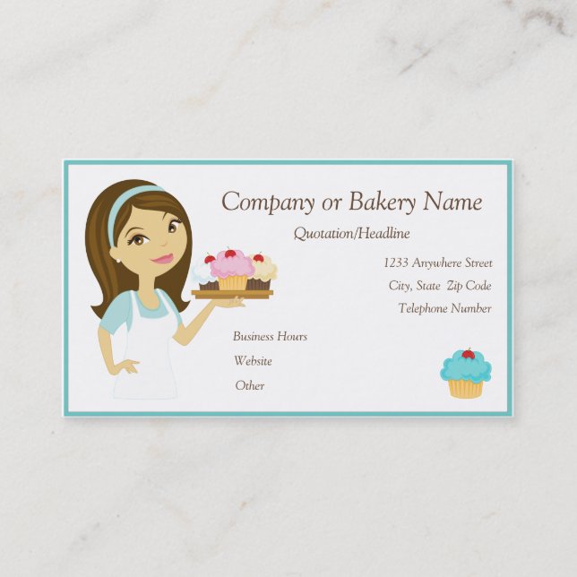 Brünett/Aqua Cupcake Baker/Bäckerei 2 Visitenkarte (Vorderseite)