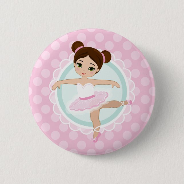 Brünett Ballerina - Rosa Balletttänzerin Girl Button (Vorderseite)