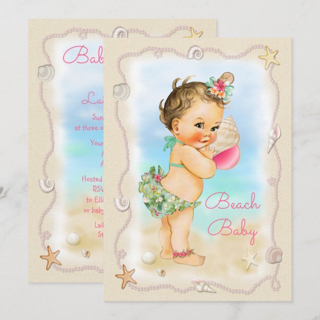 Brünett Beach Baby Conch Muschel Babydusche Einladung (Vorne/Hinten)