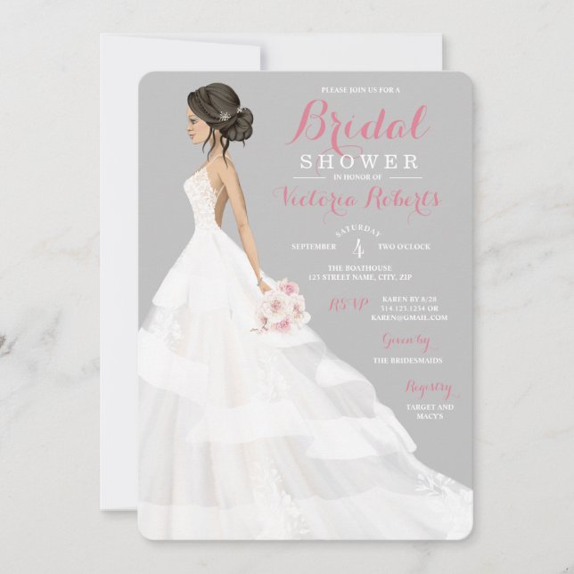 Brünett Bride Lace Gown Brautparty Einladung (Vorderseite)