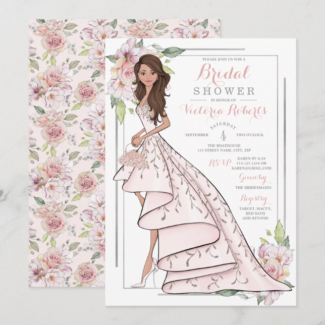 Brünett Bridge Floral Brautparty Einladung (Vorne/Hinten)