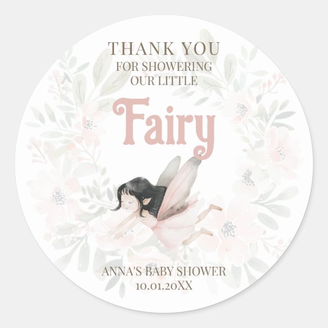 Brünett Fairy Baby Dusche Vielen Dank Runder Aufkleber (Vorderseite)