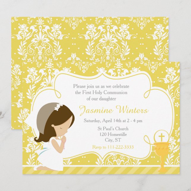 Brünett Girl First Communion Gold Damask Einladung (Vorne/Hinten)