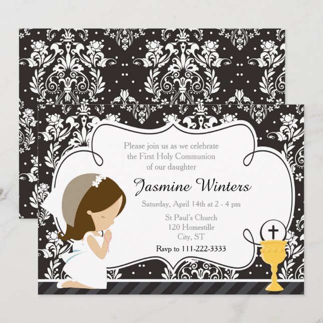 Brünett Girl First Kommune Damask Einladung (Vorne/Hinten)