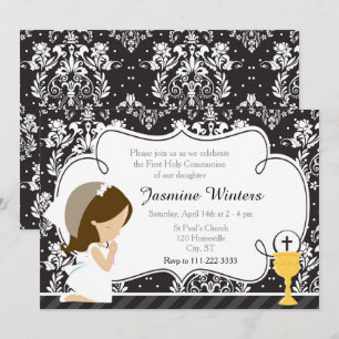 Brünett Girl First Kommune Damask Einladung