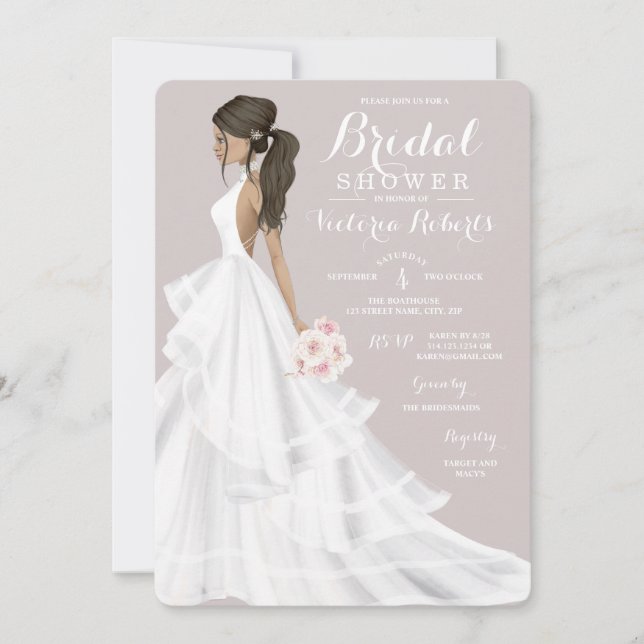 Brünett Glam Bride Wedding Gown Brautparty Einladung (Vorderseite)