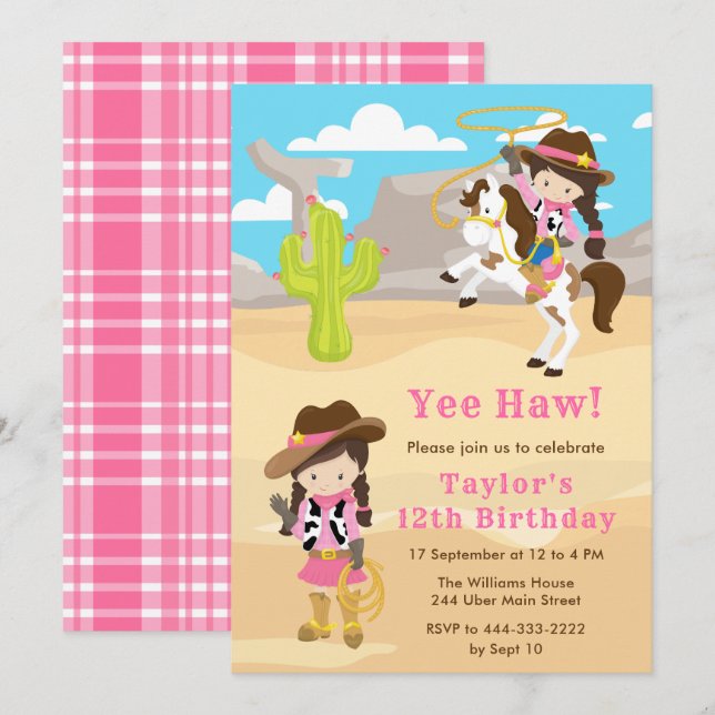 Brünett Hair Cowgirl Geburtstagsparty Einladung (Vorne/Hinten)
