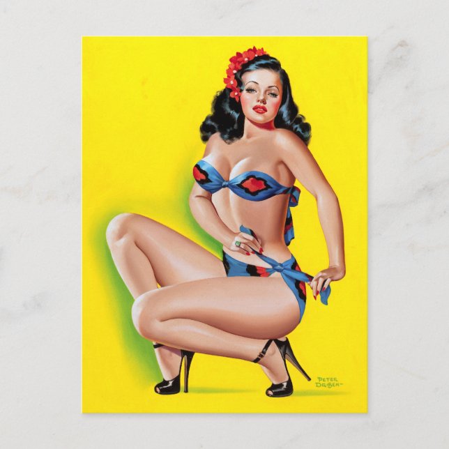 Brünett in Bikini Button Up Postkarte (Vorderseite)
