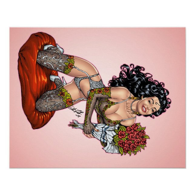 Brünett in Lingerie mit Rose Illustration Poster (Vorderseite)