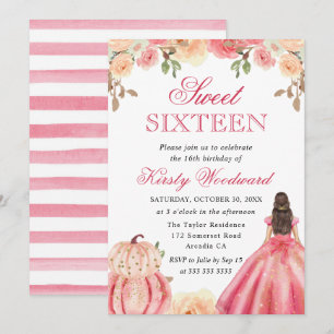Brünett in rosa Kleid Floral Pumpkins Sweet 16 Einladung