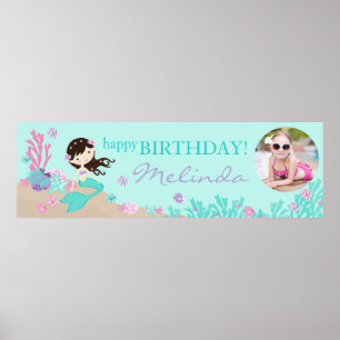 Brünett Mermaid Birthday Banner Poster