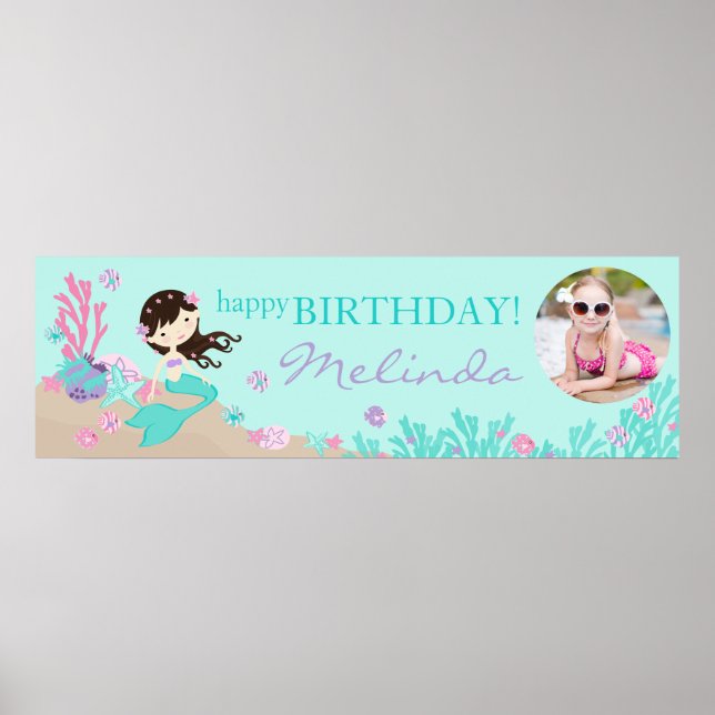 Brünett Mermaid Birthday Banner Poster (Vorne)