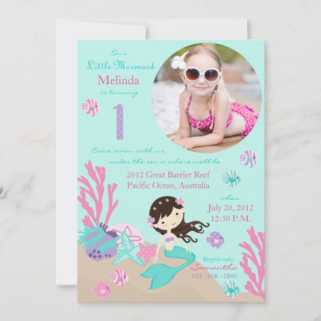 Brünett Mermaid Erster Geburtstag Einladung (Vorderseite)