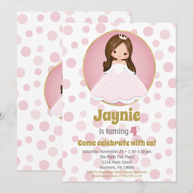 Brünett Pink Princess Girls Einladung zum Geburtst (Vorne/Hinten)
