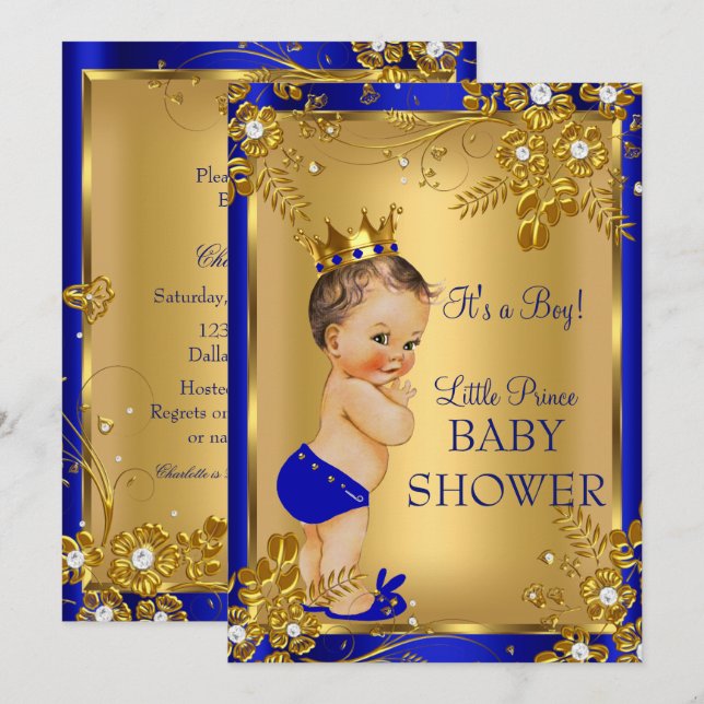 Brünett Prince Boy Baby Dusche Gold Blue Floral Einladung (Vorne/Hinten)