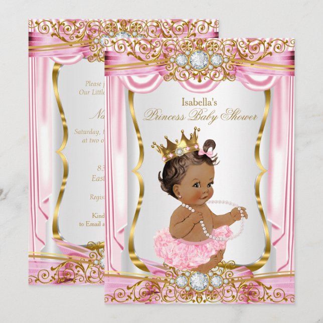 Brünett Princess Baby Dusche Rosa Seide dunkel Einladung (Vorne/Hinten)