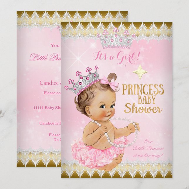 Brünett Princess Baby Dusche Rosa Tutu Gold Einladung (Vorne/Hinten)