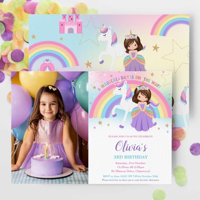 Brünett Princess Unicorn Birthday Rainbow Foto Einladung (Von Creator hochgeladen)