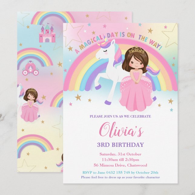 Brünett Princess Unicorn Birthday Rainbow Inv Einladung (Vorne/Hinten)