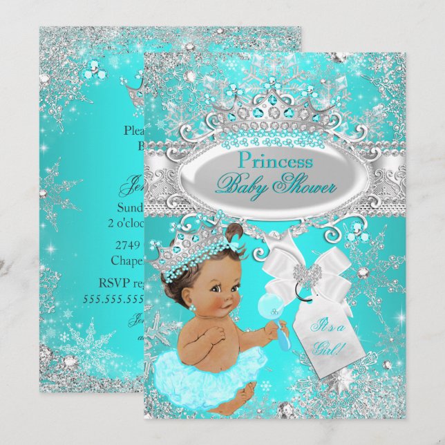 Brünette Aqua Wonderland Princess Baby Dusche Einladung (Vorne/Hinten)