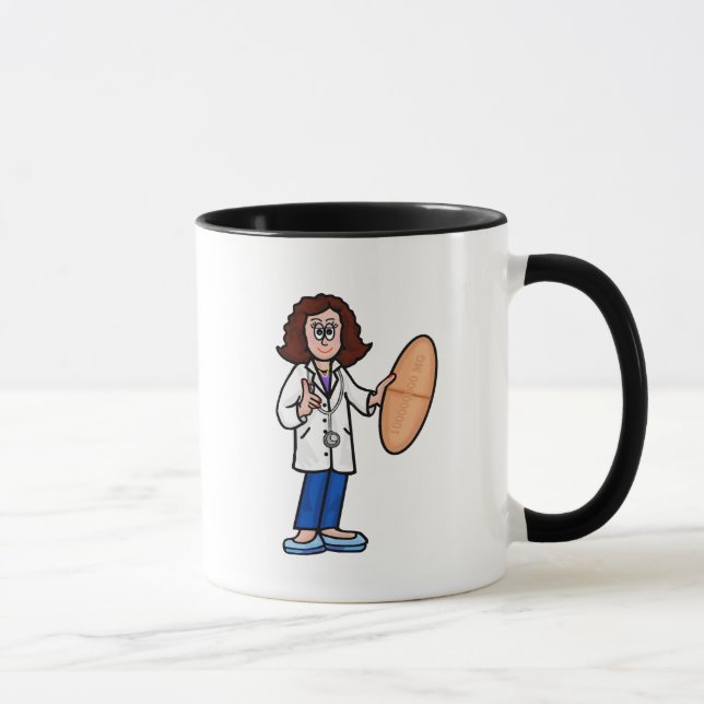 Brünette Ärztin mit Riesenpille-Tasse Tasse (Rechts)