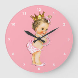 Brunette Baby Princess and Pearls Pink Große Wanduhr