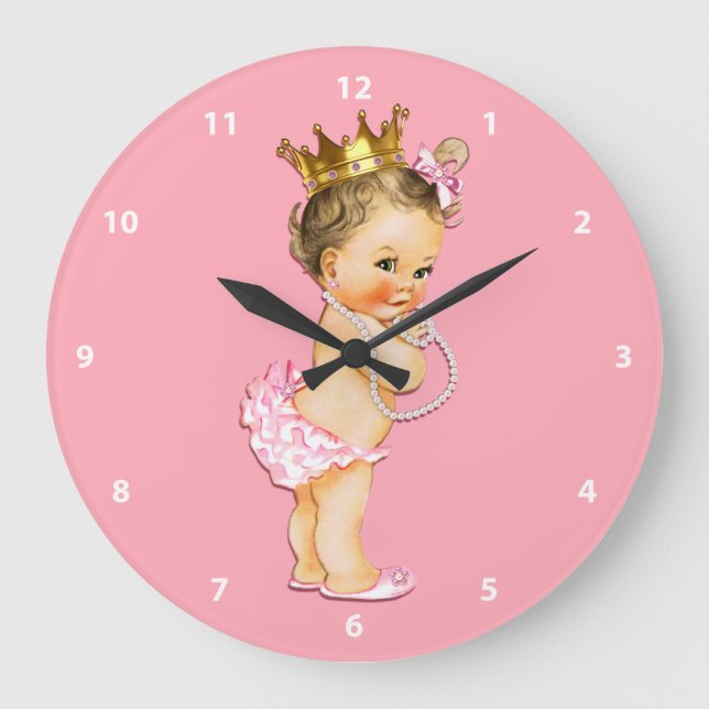 Brunette Baby Princess and Pearls Pink Große Wanduhr (Vorderseite)