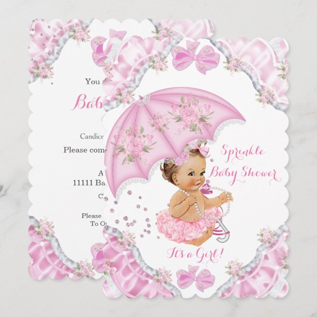 Brünette Babydusche Rosa Sonnenschirm Blume Einladung (Vorne/Hinten)